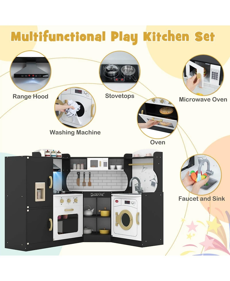 Corner Play Kitchen Toddler Playset with Range Hood, Ice Maker, Microwave
