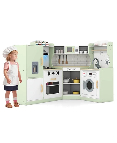 Corner Play Kitchen Toddler Playset with Range Hood, Ice Maker, Microwave