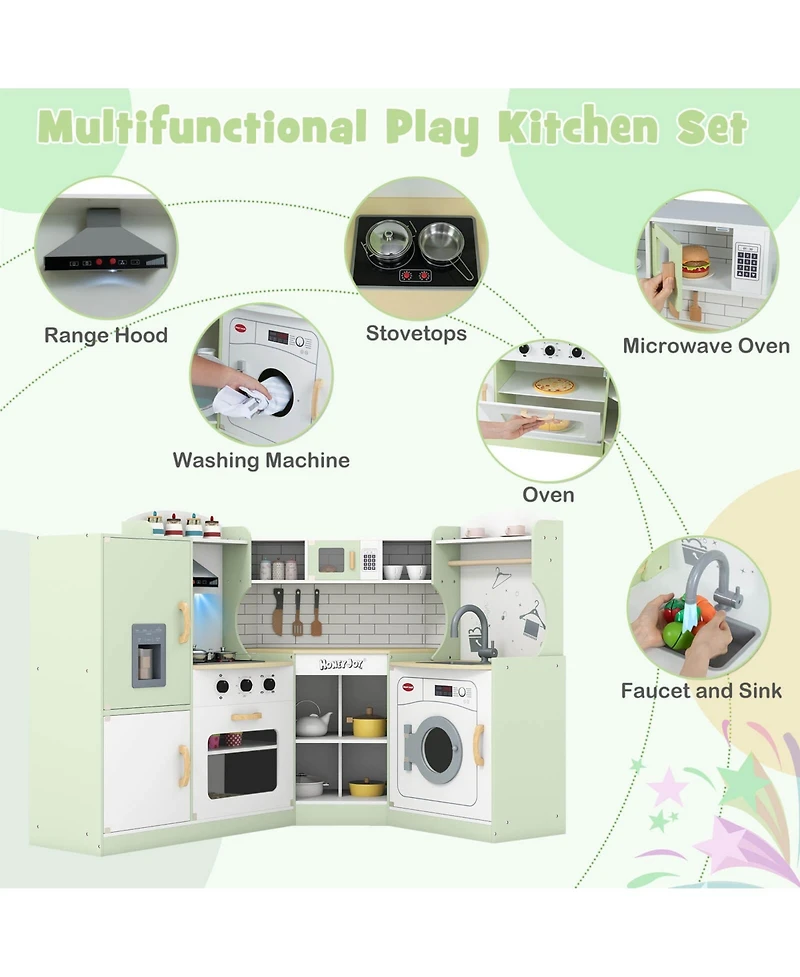 Corner Play Kitchen Toddler Playset with Range Hood, Ice Maker, Microwave