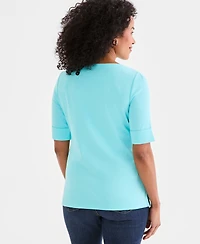 Style & Co Petite Cotton Elbow-Sleeve Boat-Neck Top, Exclusively at Macy's