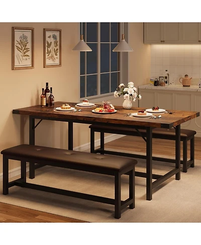 gaomon 3-Piece 63" Extendable Rectangular Dining Table Set with 2 Upholstered Benches
