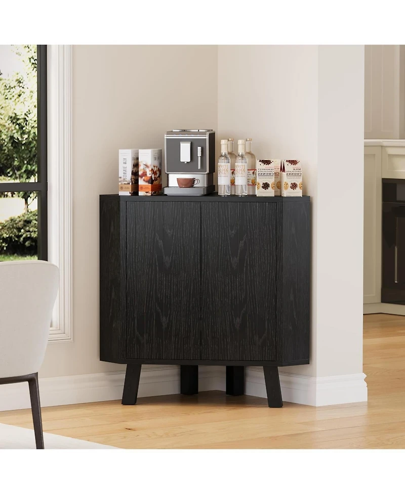 Gaomon industrial 3 tier wooden corner cabinet with adjustable shelves and doors—freestanding triangle design for space saving living room stor