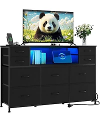 gaomon 10 Fabric Drawers Dresser, Entertainment Center Tv Stand with Power Outlet & Led Light for 45"-55" Tv, Chest of Wood