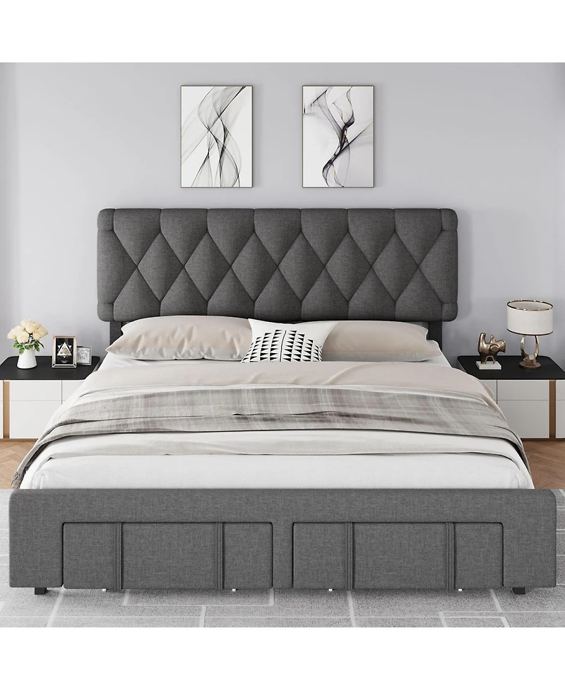 gaomon King Upholstered Platform Bed Frame with Storage Drawers Solid Wood Slats No Box Spring Needed