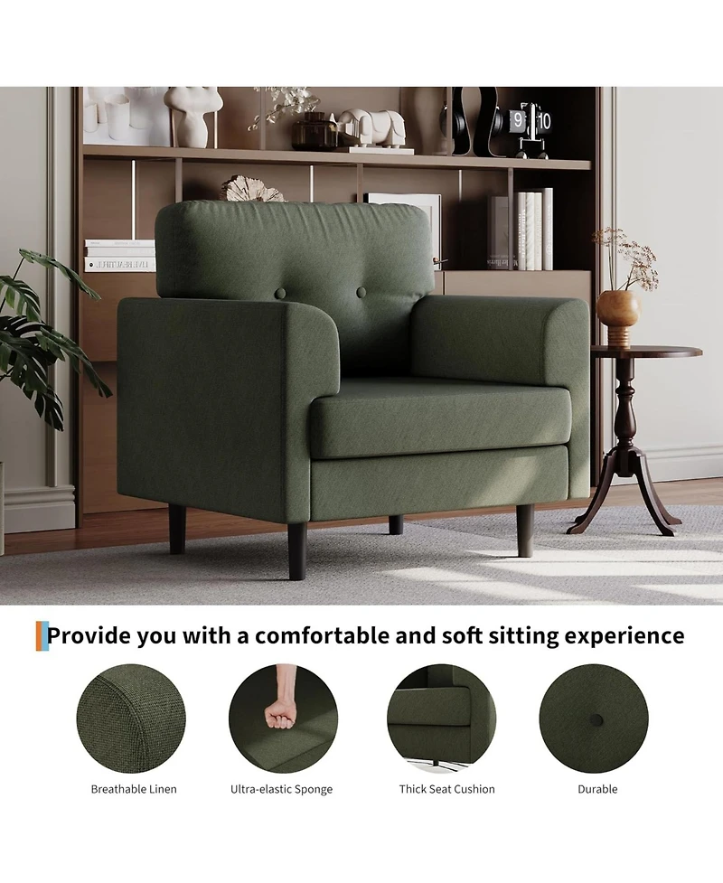 gaomon 38" Mid Century Modern Green Chair, Tufted Linen, High-Density Foam, Ergonomic Arms, 350lbs, Living Room