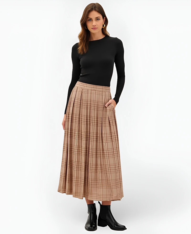 Modenaire Women's Plaid Pleated Maxi Skirt