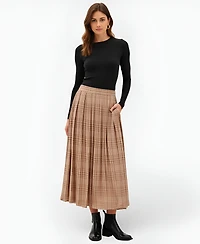 Modenaire Women's Plaid Pleated Maxi Skirt