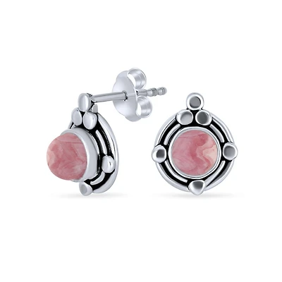 Bling Jewelry Ornate Bezel Set Gemstone Pink Rhodochrosite Round Stud Earrings .925 Sterling Silver
