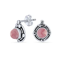 Bling Jewelry Ornate Bezel Set Gemstone Pink Rhodochrosite Round Stud Earrings .925 Sterling Silver