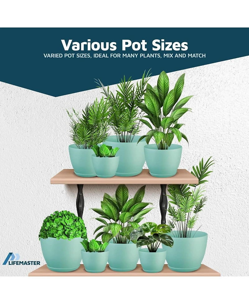 Lifemaster Planter Pots with Drainage Holes, Lightweight Durable Space-Saving Indoor Outdoor Plastic Planters