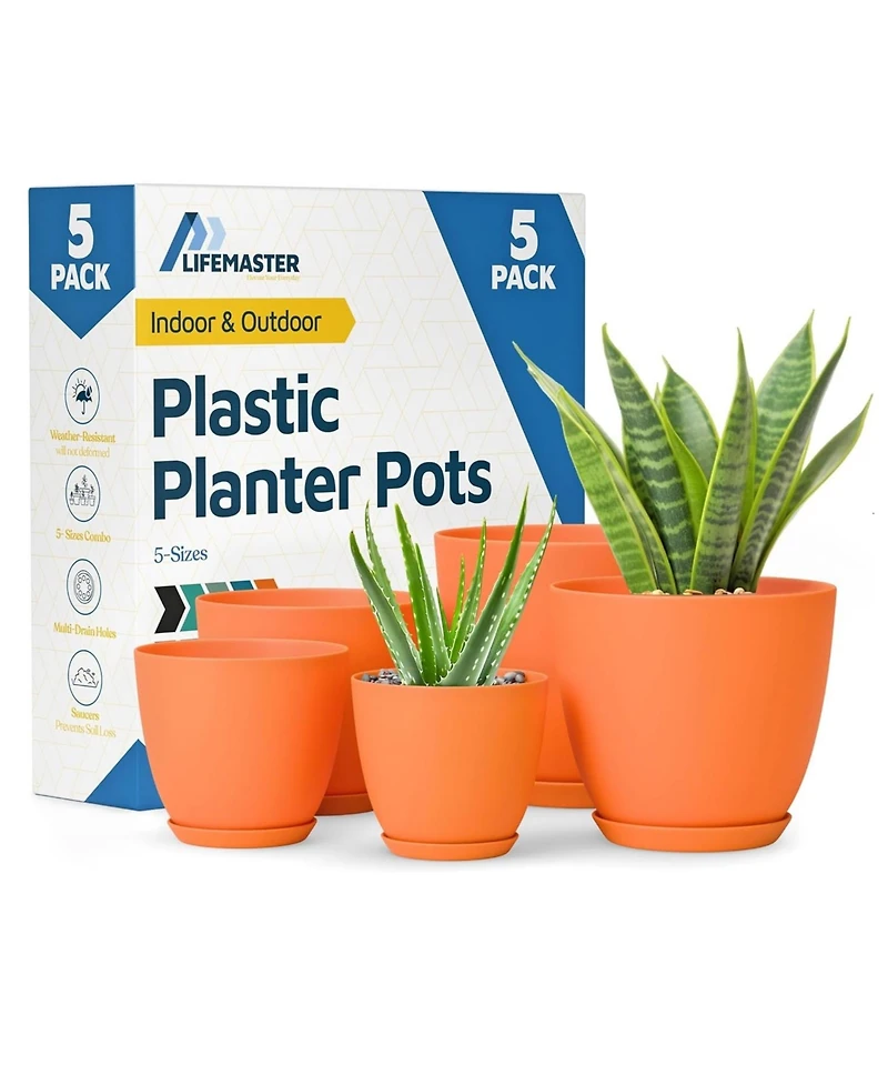 Lifemaster Yellow Plant Pots 5 Pack with Drainage Holes & Saucers, Stackable Indoor & Outdoor Planters