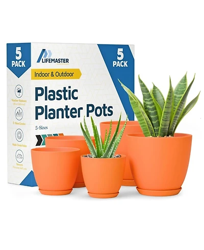 Lifemaster Yellow Plant Pots 5 Pack with Drainage Holes & Saucers, Stackable Indoor & Outdoor Planters