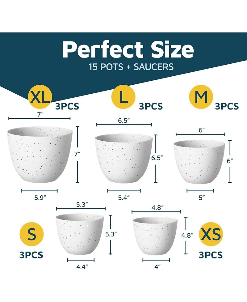 Lifemaster White Gray Plant Pots 15 Pack with Drainage Holes & Saucers, Stackable Indoor & Outdoor Planters for Houseplants & Flowers