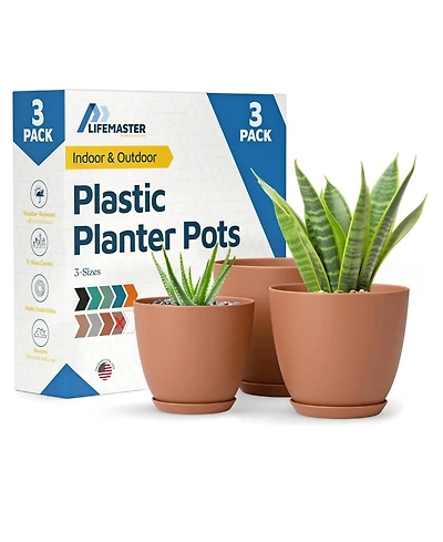 Terracotta Plant Pots with Drainage Holes & Saucers 3-Pack – Indoor & Outdoor Stackable Planters, Durable & Weatherproof.