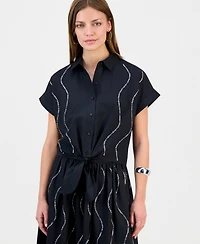 I.n.c. International Concepts Petite Rhinestone Short-Sleeve Collared Top, Macy's Exclusive