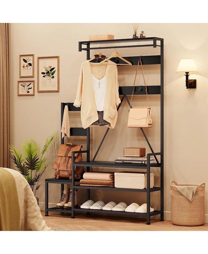gaomon Solid Wood Parent-Child Hall Tree Coat Rack with Bench and Shoe Storage