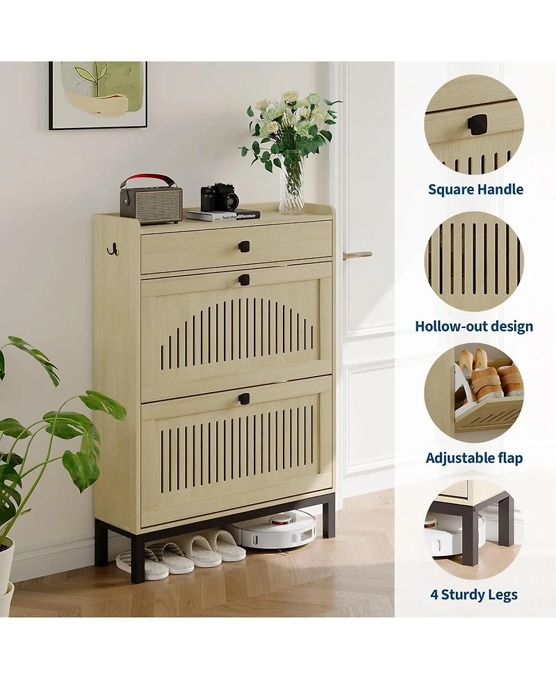 gaomon Shoe Storage Cabinet with 2 Hollow-Panel Flip Drawers and Top Drawer