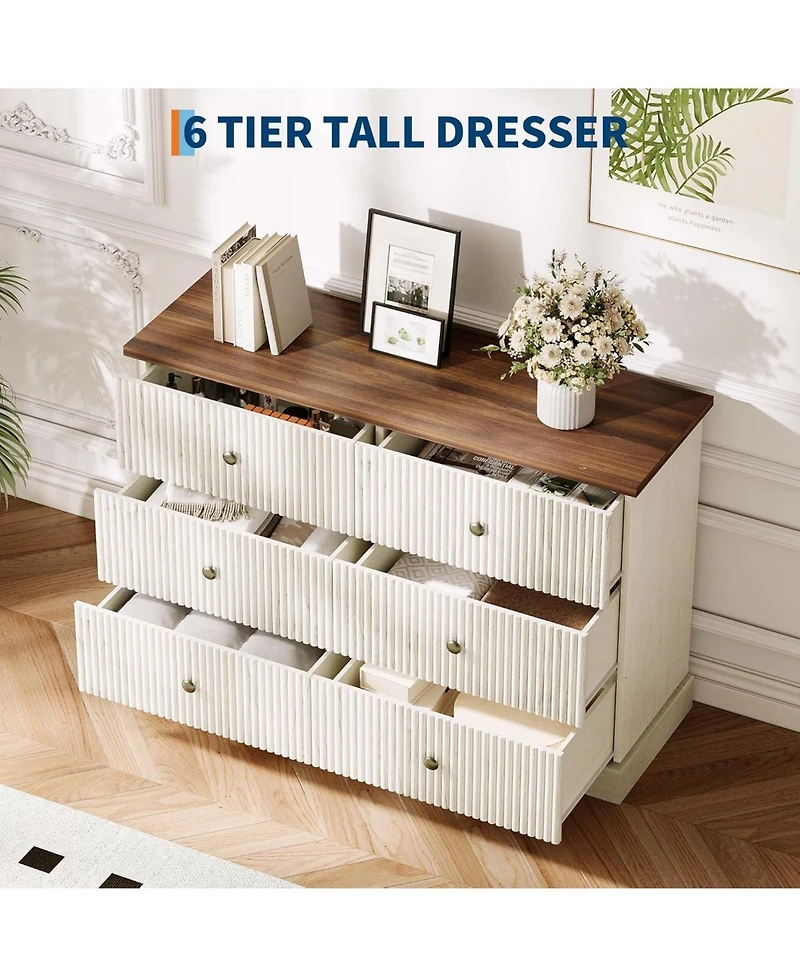 gaomon 6 Drawer Dresser for Bedroom, Horizontal Chest of Drawers, Fluted Panel Wood Dresser, Small Space Bedroom Clothing