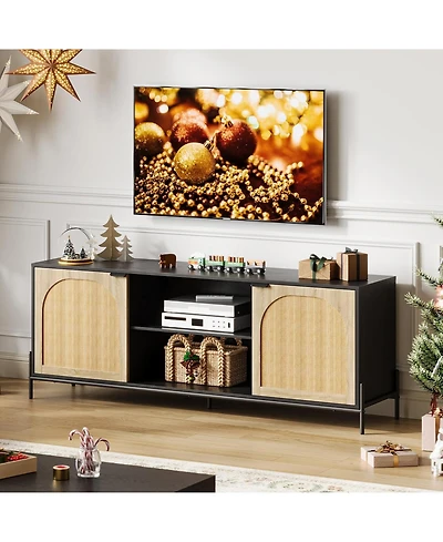 gaomon Rattan Tv Stand for 75" Tv, 65" Console Table with Metal Legs, Media Cabinet with Storage, 2 Doors