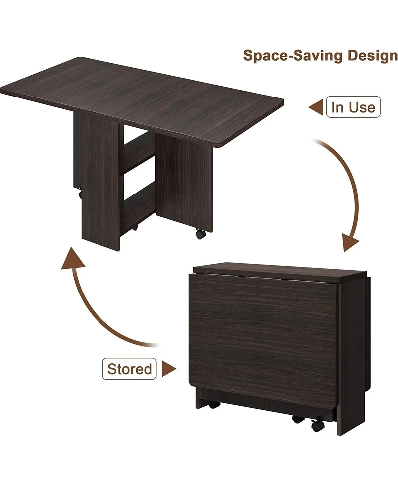 gaomon Folding Drop Leaf Dining Table with 6 Wheels & 2-Tier Storage Shelf, Space-Saving Table for Small Spaces