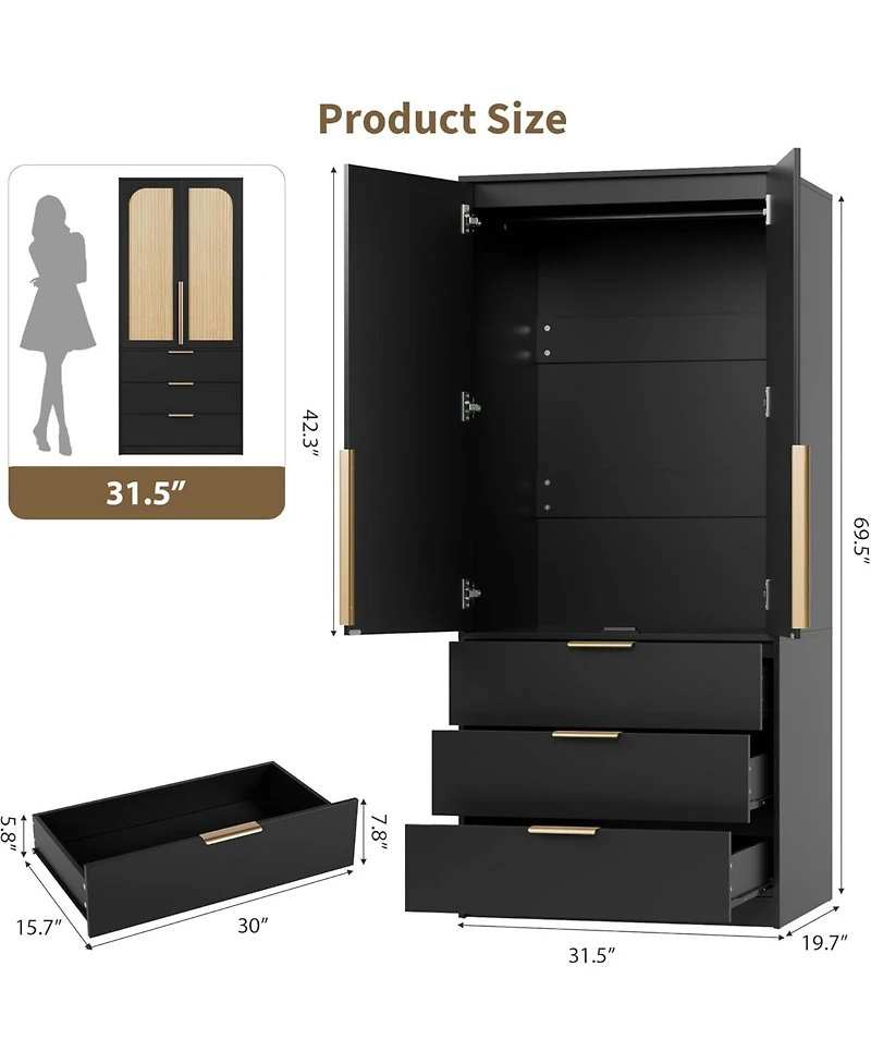 gaomon Armoire Wardrobe Closet with 3 Drawers & 2 Doors, Modern Wooden Cabinets for Hanging Clothes