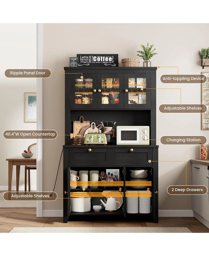 gaomon 66" Tall Kitchen Pantry Cabinet, Modern Hutch with Charging Station, Large Coffee Bar Storage Cabinet Glass Doors and Drawers