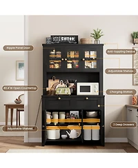 gaomon 66" Tall Kitchen Pantry Cabinet, Modern Hutch with Charging Station, Large Coffee Bar Storage Cabinet Glass Doors and Drawers