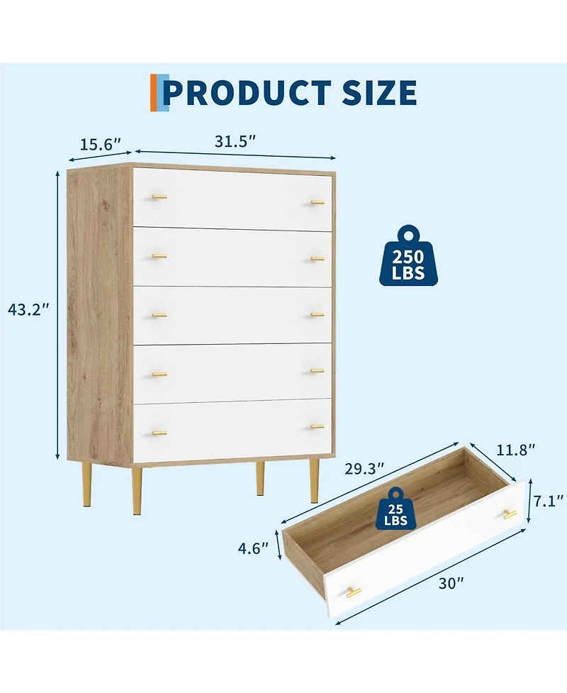 gaomon 44" Farmhouse Wood 5 Drawer Dresser with Bar Handles