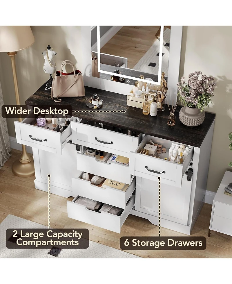 gaomon 6 Drawers Dresser with Led Light Farmhouse Style Space Saving Sliding Door Storage Cabinet for Bedroom and Living Room