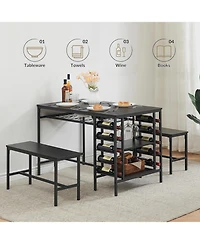 gaomon Dining Table Set for 4, Compact 3-Piece Kitchen Table with 2 Benches, Wine Rack, Storage Shelf