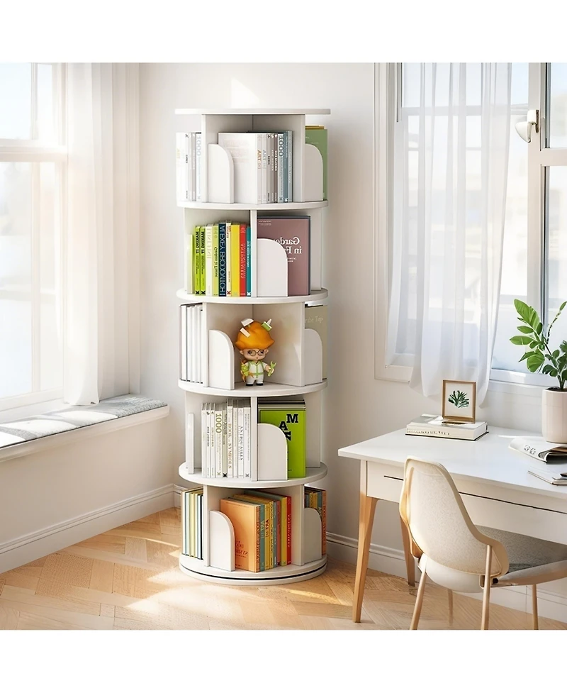 Rainsken 5 Tier Wooden Rotating Round Spinning Bookshelf Tower Storage Organizer