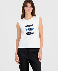 T Tahari Women's Fish-Embroidery Sleeveless Crewneck Top