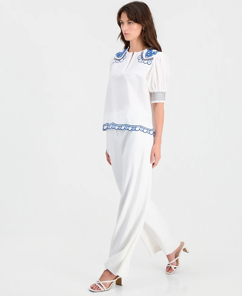 T Tahari Women's Cotton Embroidered-Trim Split-Neck Top