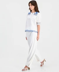 T Tahari Women's Cotton Embroidered-Trim Split-Neck Top