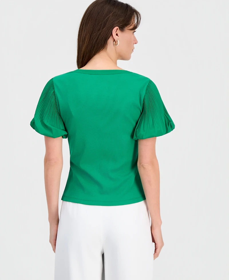 T Tahari Women's Scoop-Neck Pleated-Sleeve Top
