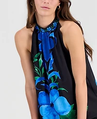 T Tahari Women's Placed-Print Sleeveless Halter Top