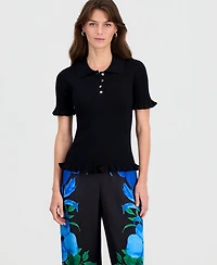 T Tahari Women's Half-Placket Ribbed Ruffle-Trim Top
