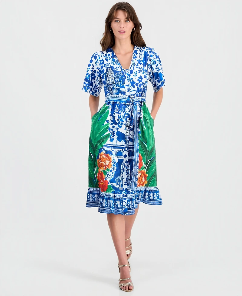 T Tahari Women's Printed Elbow-Sleeve V-Neck Midi Dress
