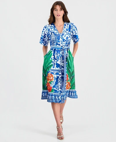 T Tahari Women's Printed Elbow-Sleeve V-Neck Midi Dress