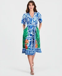 T Tahari Women's Printed Elbow-Sleeve V-Neck Midi Dress