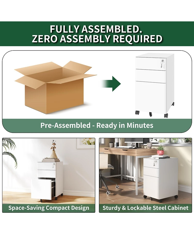 Rainsken 3-Drawer Metal File Cabinet with Lock on Wheels, Rolling Filing Cabinets for Home Office Organizer, Fit Legal/Letter/A4 Size