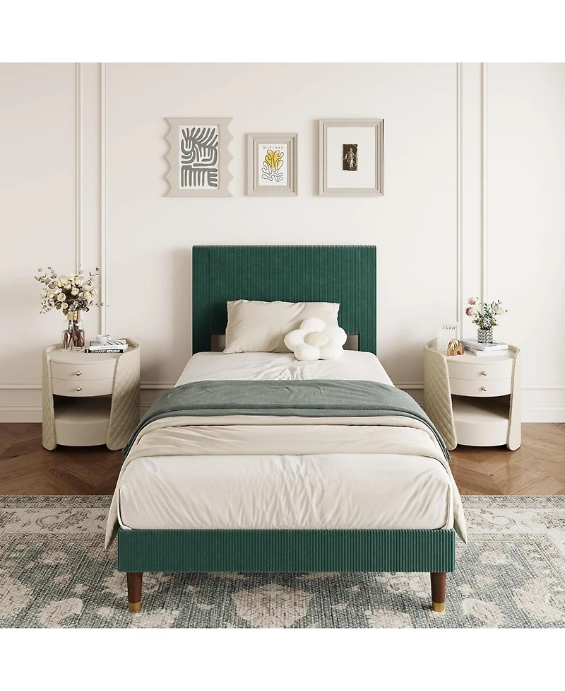 gaomon Twin Bed Frame with Fabric Upholstered Headboard, Metal Slats Support & Under-Bed Storage, Modern Bedroom