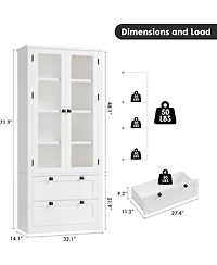 gaomon Tall Kitchen Pantry Cabinet - Modern Display Storage with 2 Large Drawers, Glass Doors, and Adjustable Shelves