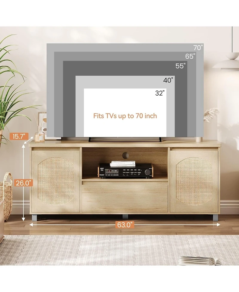 gaomon Rattan Tv Stand, Entertainment Center with Storage Drawer and Open Shelf, Boho Tv Media Console Cabinet Furniture for Living Room