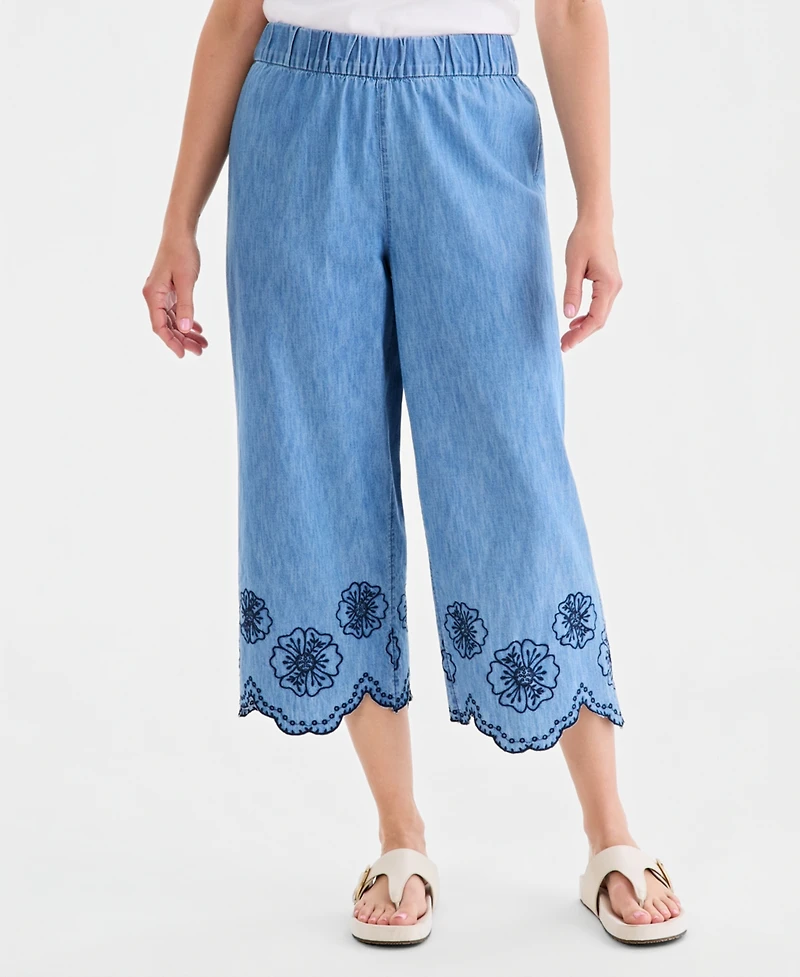 Style & Co Petite Chambray Scalloped Eyelet Hem Wide-Leg Capri Pants