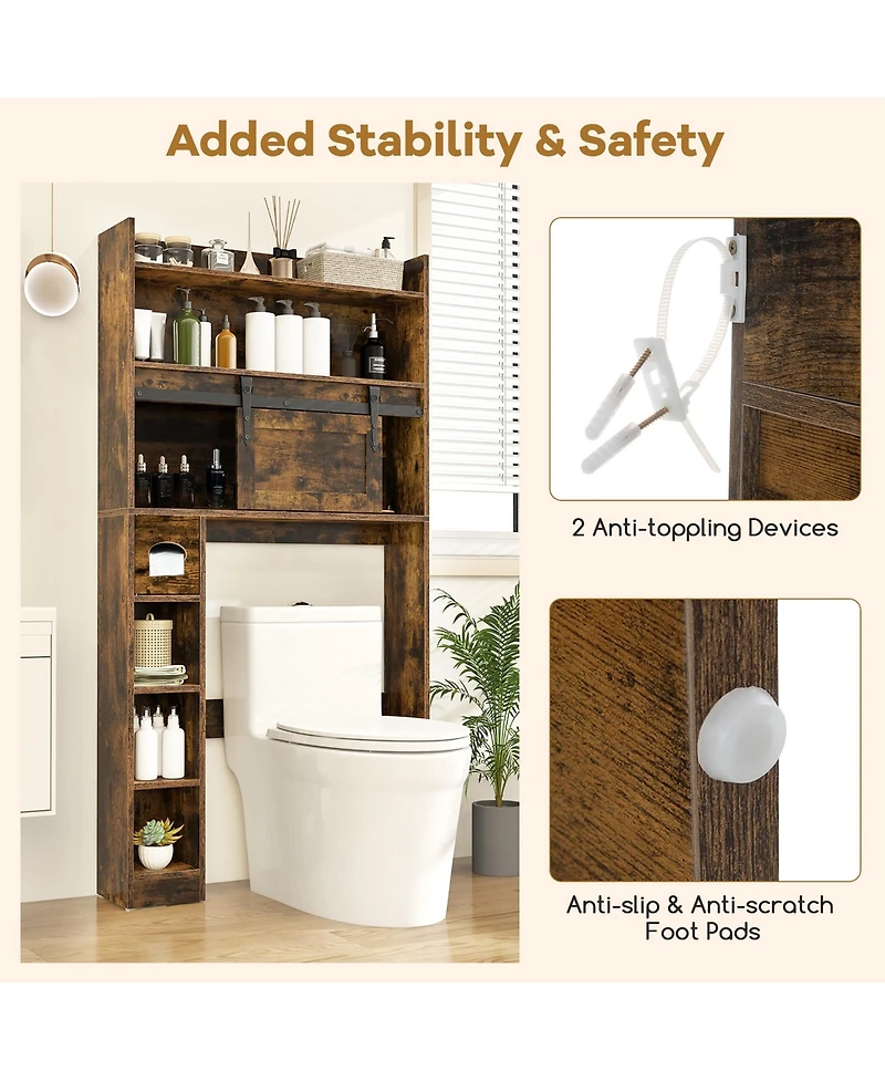 Gymax Over The Toilet Storage Cabinet w/ Sliding Barn Door Adjustable Shelves 2 Hooks