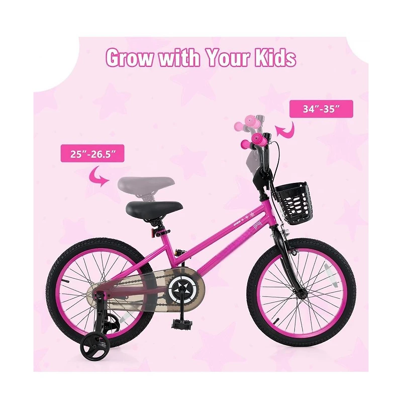 18 Inch Kids Training Bike with Adjustable Height Dual Brakes Basket and Training Wheels