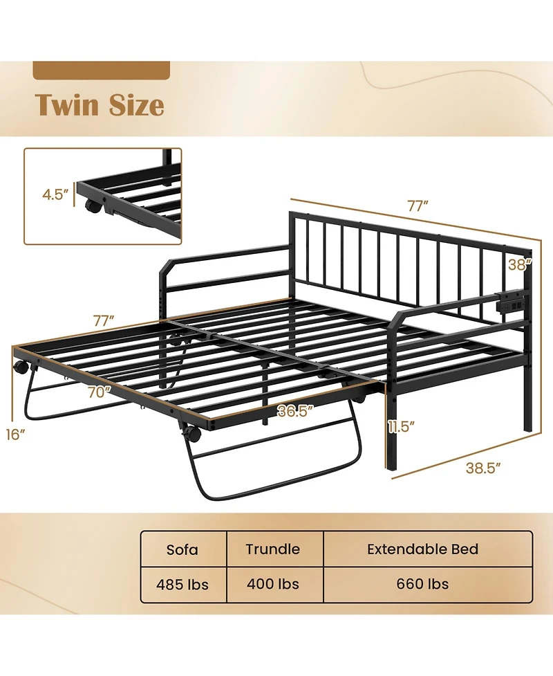 Sugift Adjustable Metal Daybed with Charging Station and Led Light