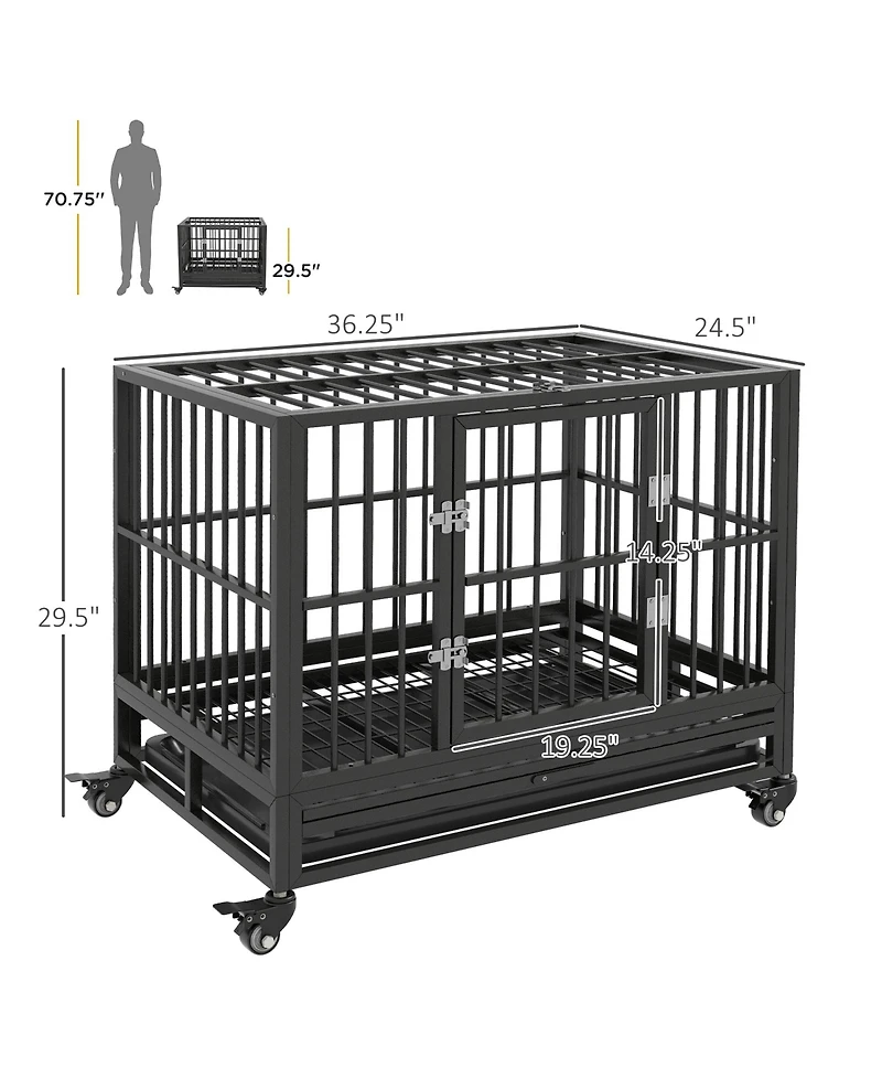 Aostirmotor 36" Heavy Duty Metal Dog Cage – Double Door Kennel with Lockable Wheels & Removable Tray