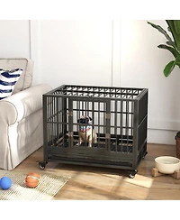 Aostirmotor 36" Heavy Duty Metal Dog Cage – Double Door Kennel with Lockable Wheels & Removable Tray